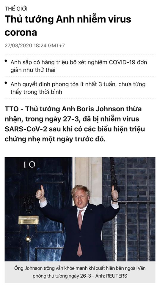 Thủ tướng Anh nhiễm Covid 19